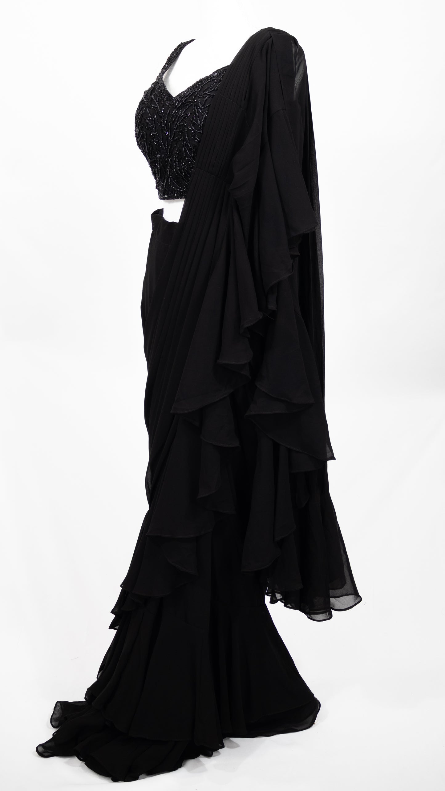 Black Pre-Draped Ruffle Saree