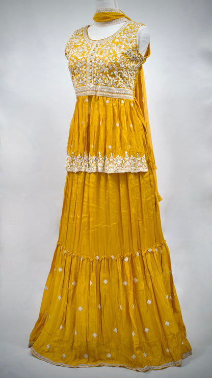 Yellow Peplum Top Indowestern Lehenga Set