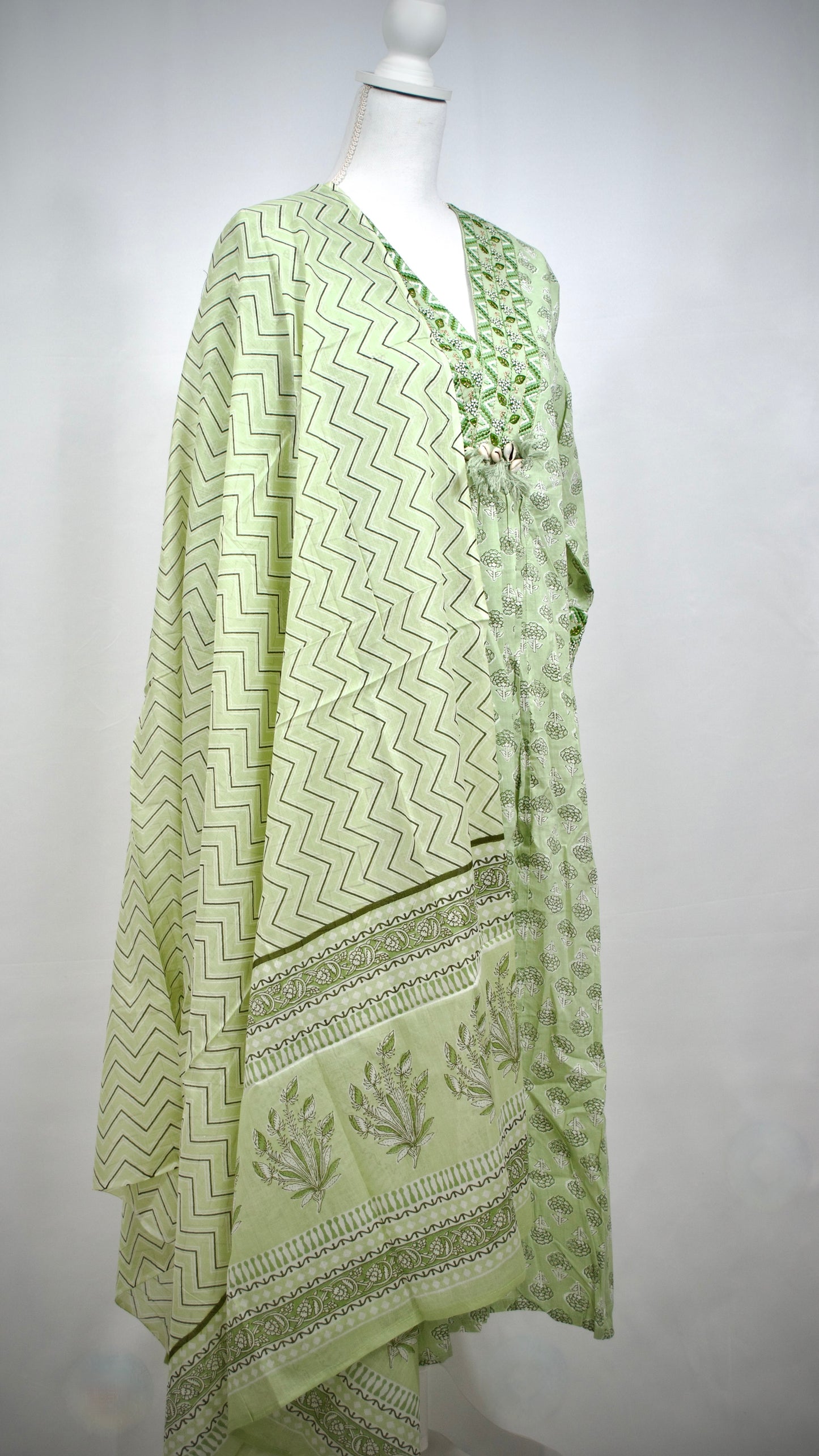 Light Green Cotton Qwardy Style Kurta Set