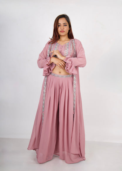 3 Piece Deep Rose Shrug Style Palazzo Set