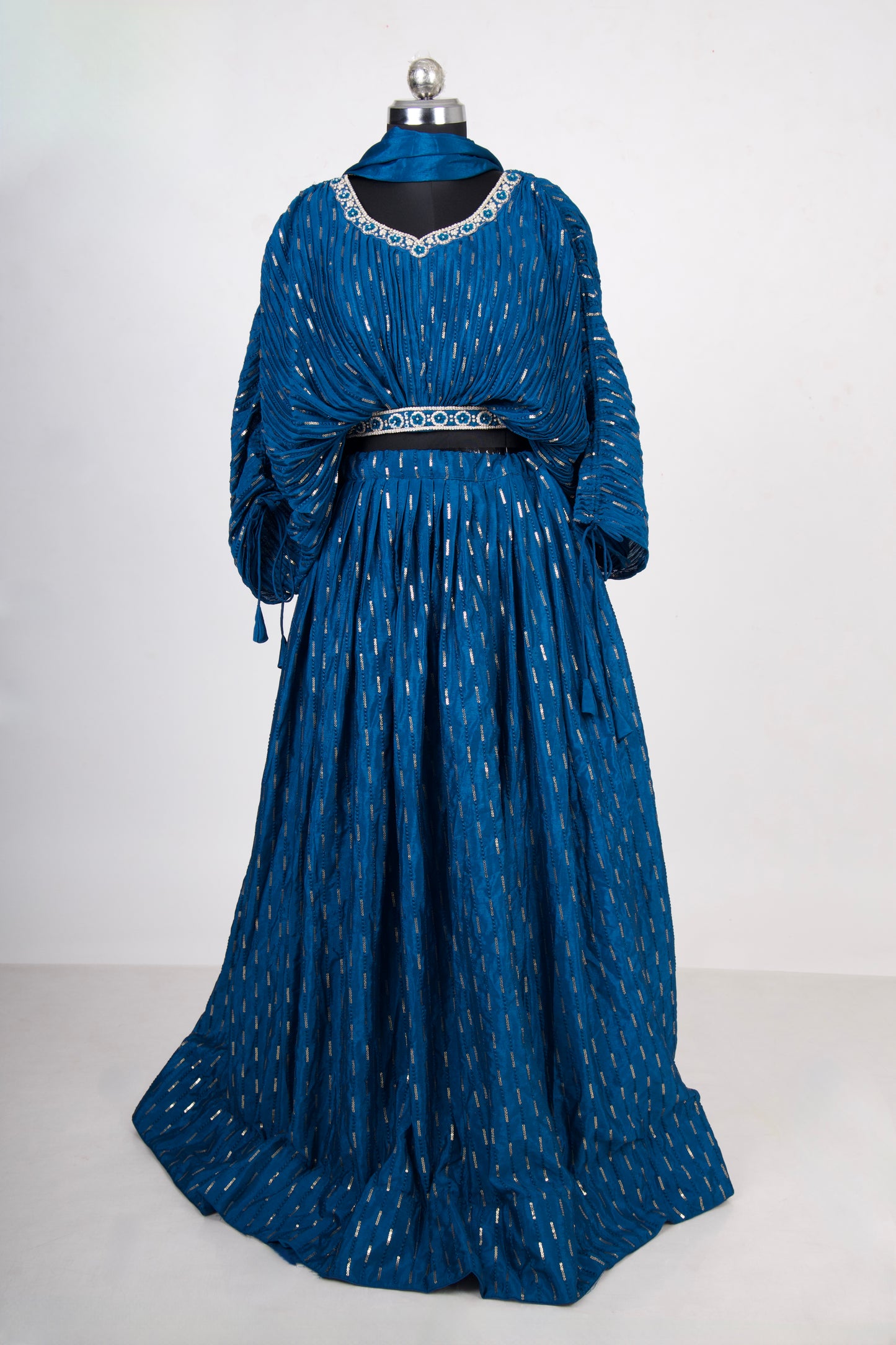 3 Piece Sapphire Blue Adjustable Indowestern Blouse with Lehenga