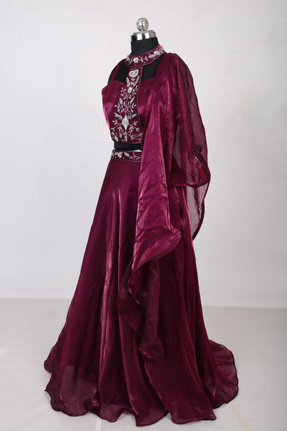 3 Piece Burgundy High Neck Blouse with Handwork Lehenga