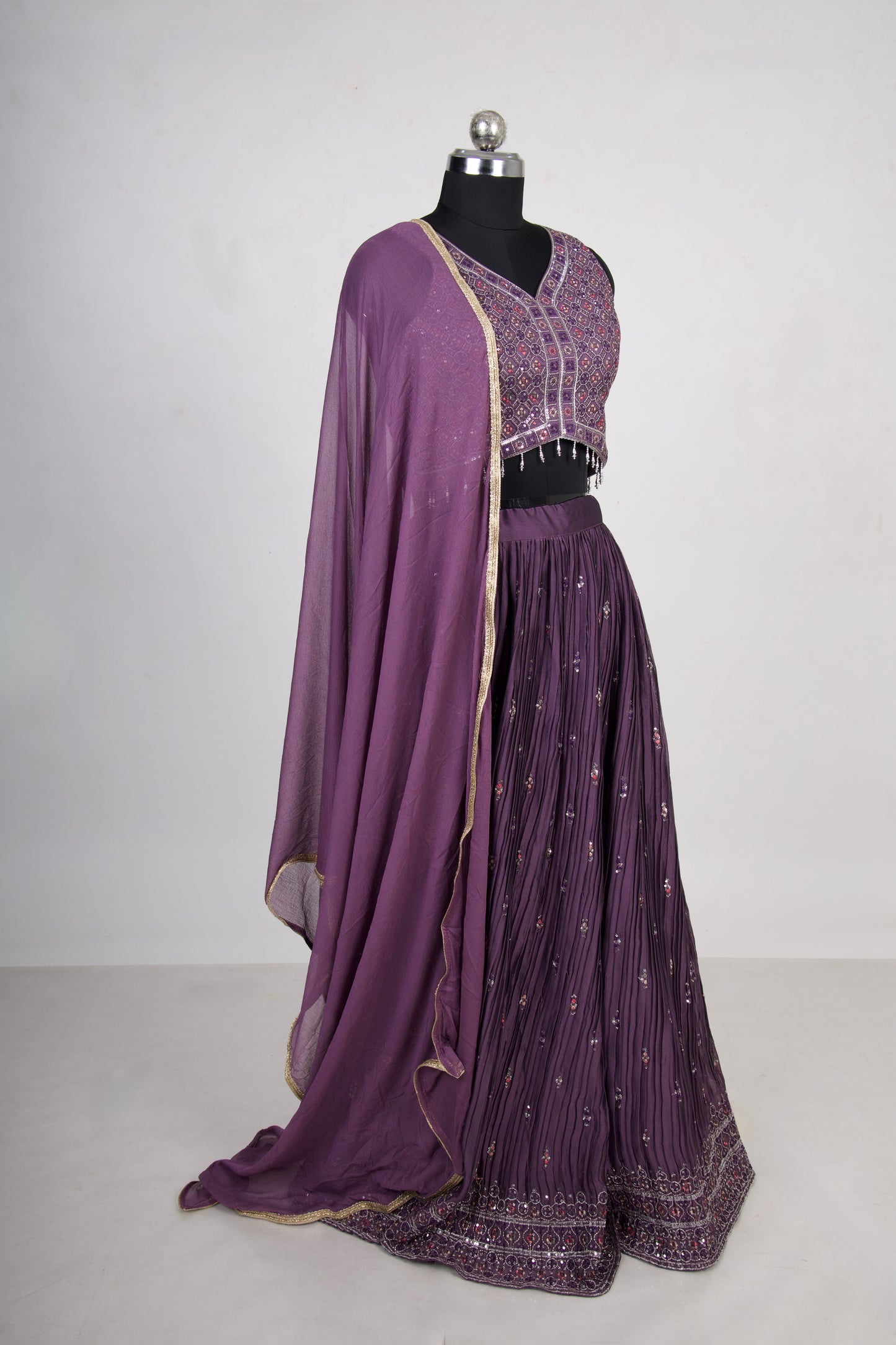 3 Piece Purple Chinon Lehenga