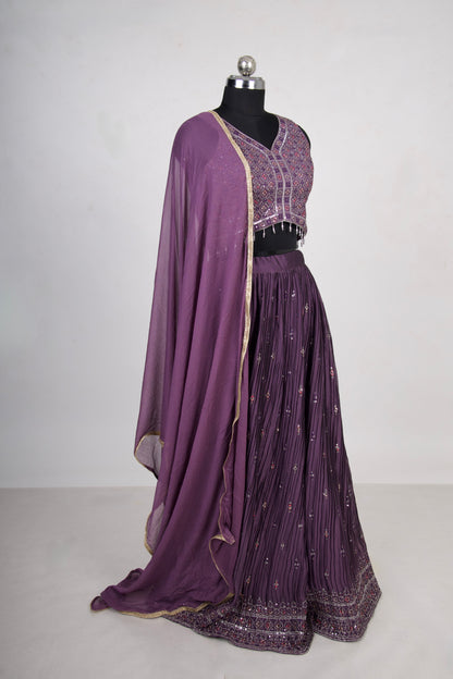 3 Piece Purple Chinon Lehenga