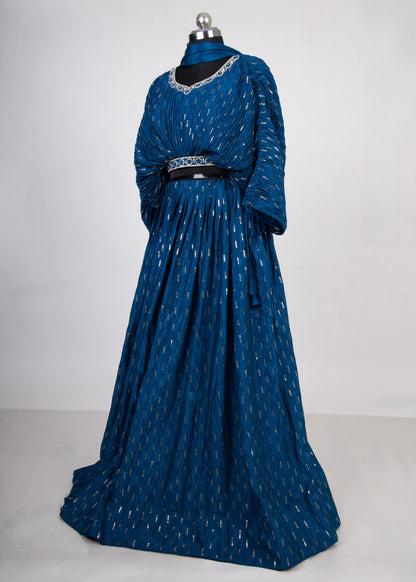 3 Piece Sapphire Blue Adjustable Indowestern Blouse with Lehenga