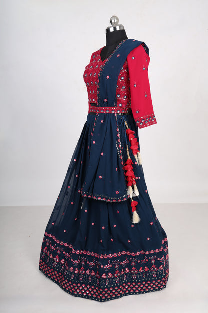 4 Piece Navy Blue and Pink Georgette Panchtanta Lehenga