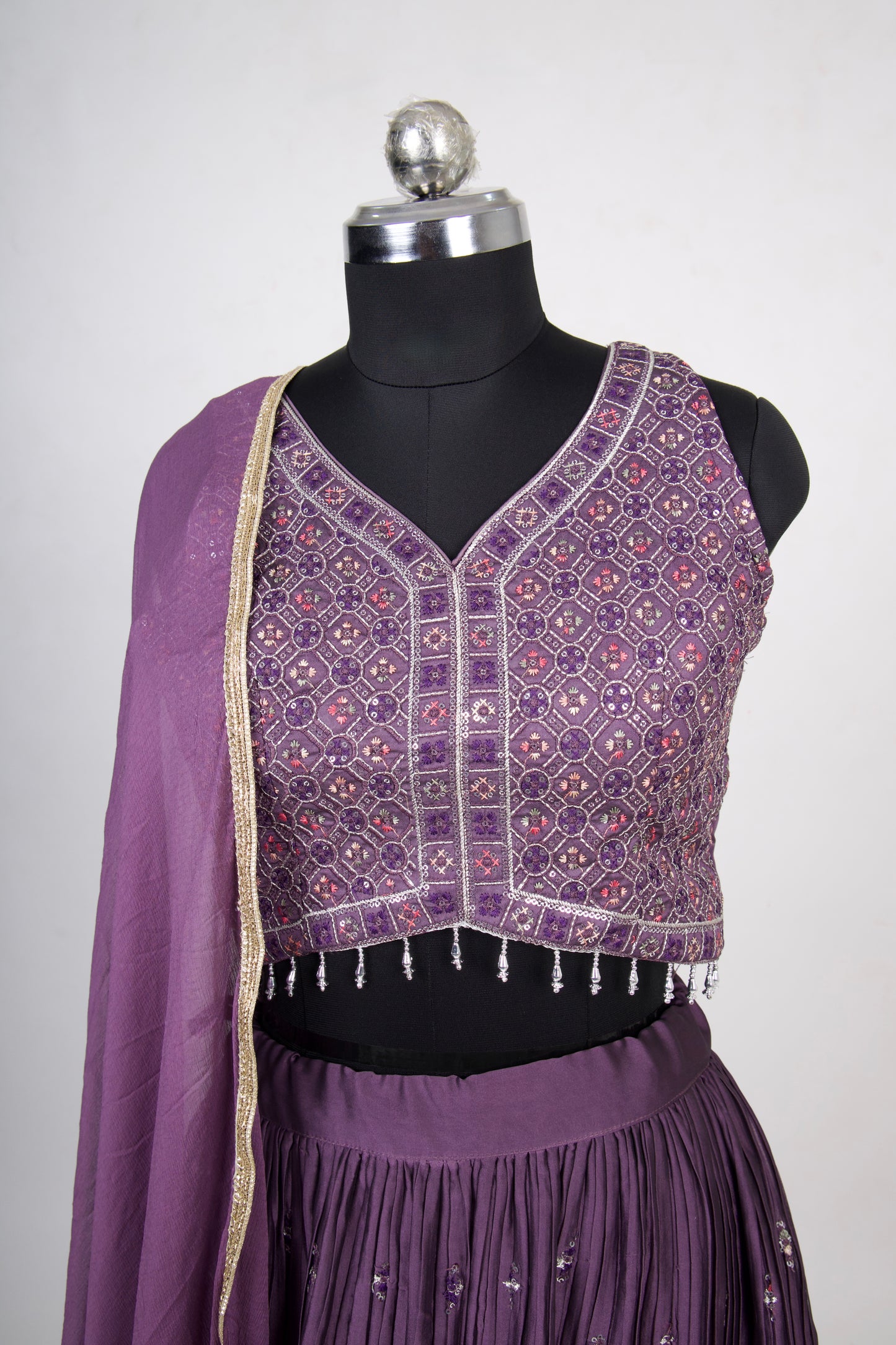 3 Piece Purple Chinon Lehenga