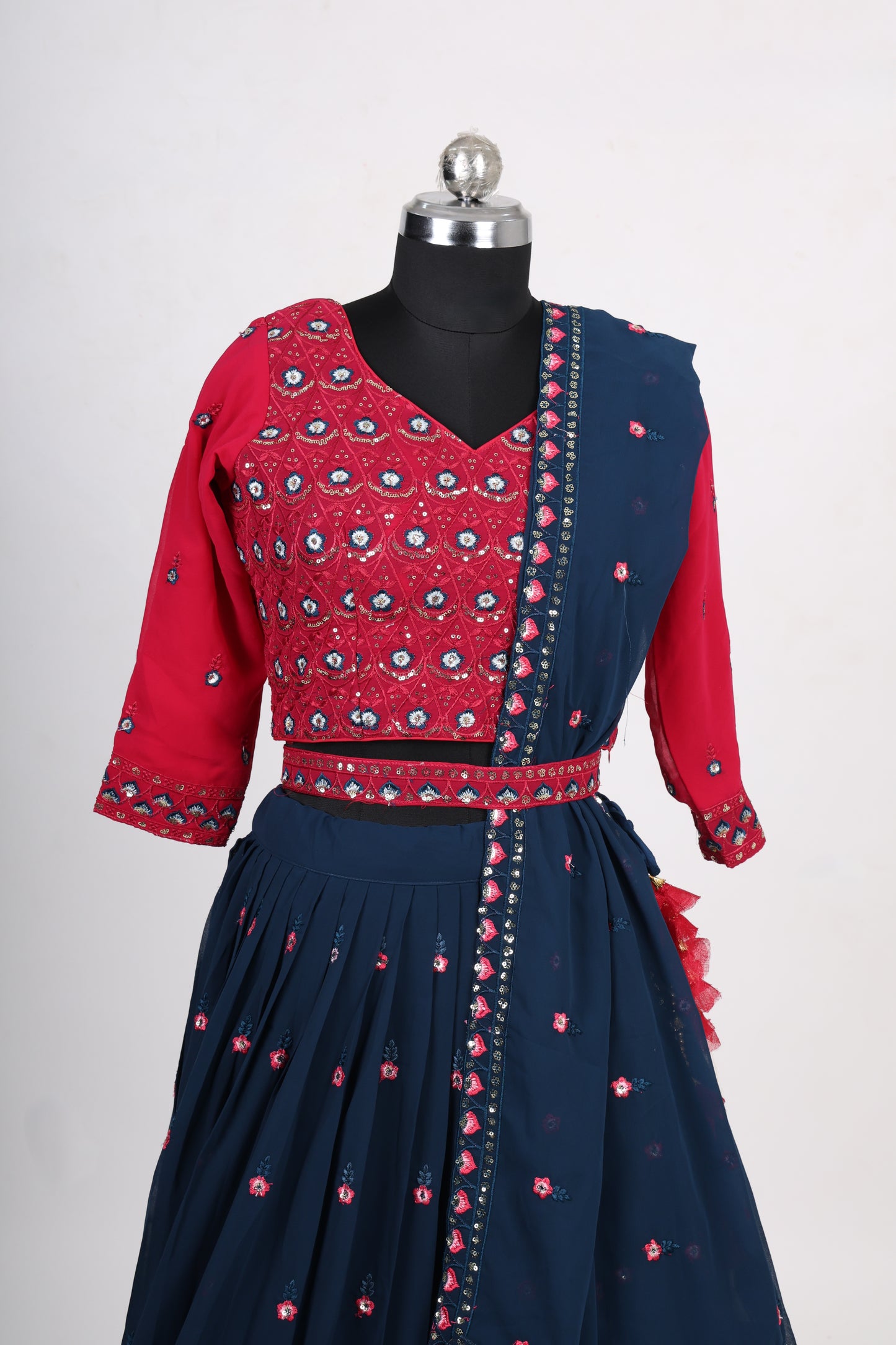 4 Piece Navy Blue and Pink Georgette Panchtanta Lehenga