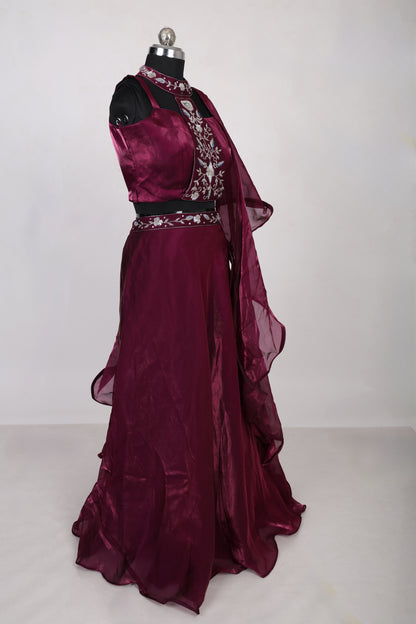 3 Piece Burgundy High Neck Blouse with Handwork Lehenga