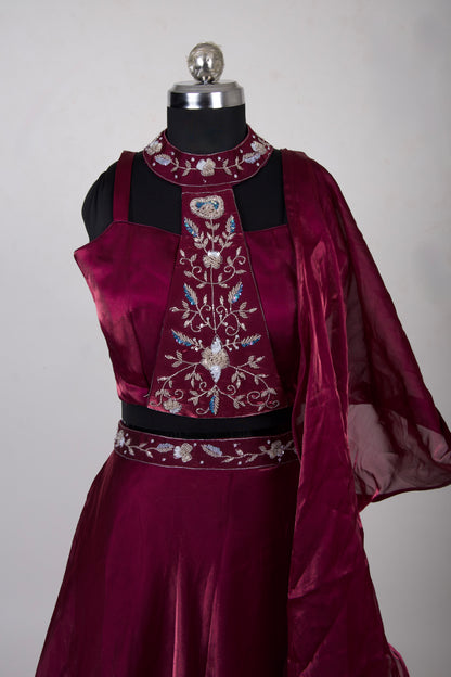 3 Piece Burgundy High Neck Blouse with Handwork Lehenga