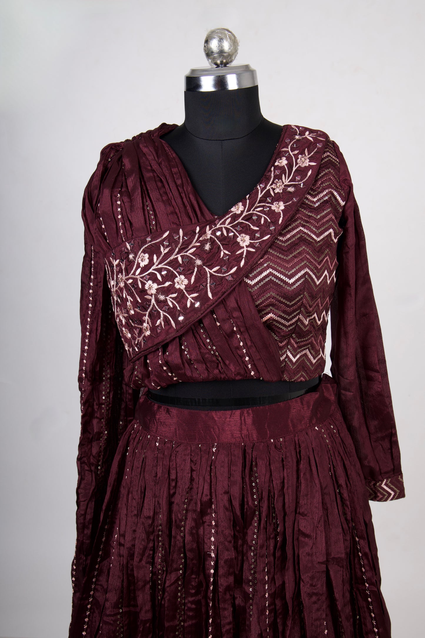 2 Piece Maroon and Light Pink Indowestern Set with Attached Dupatta