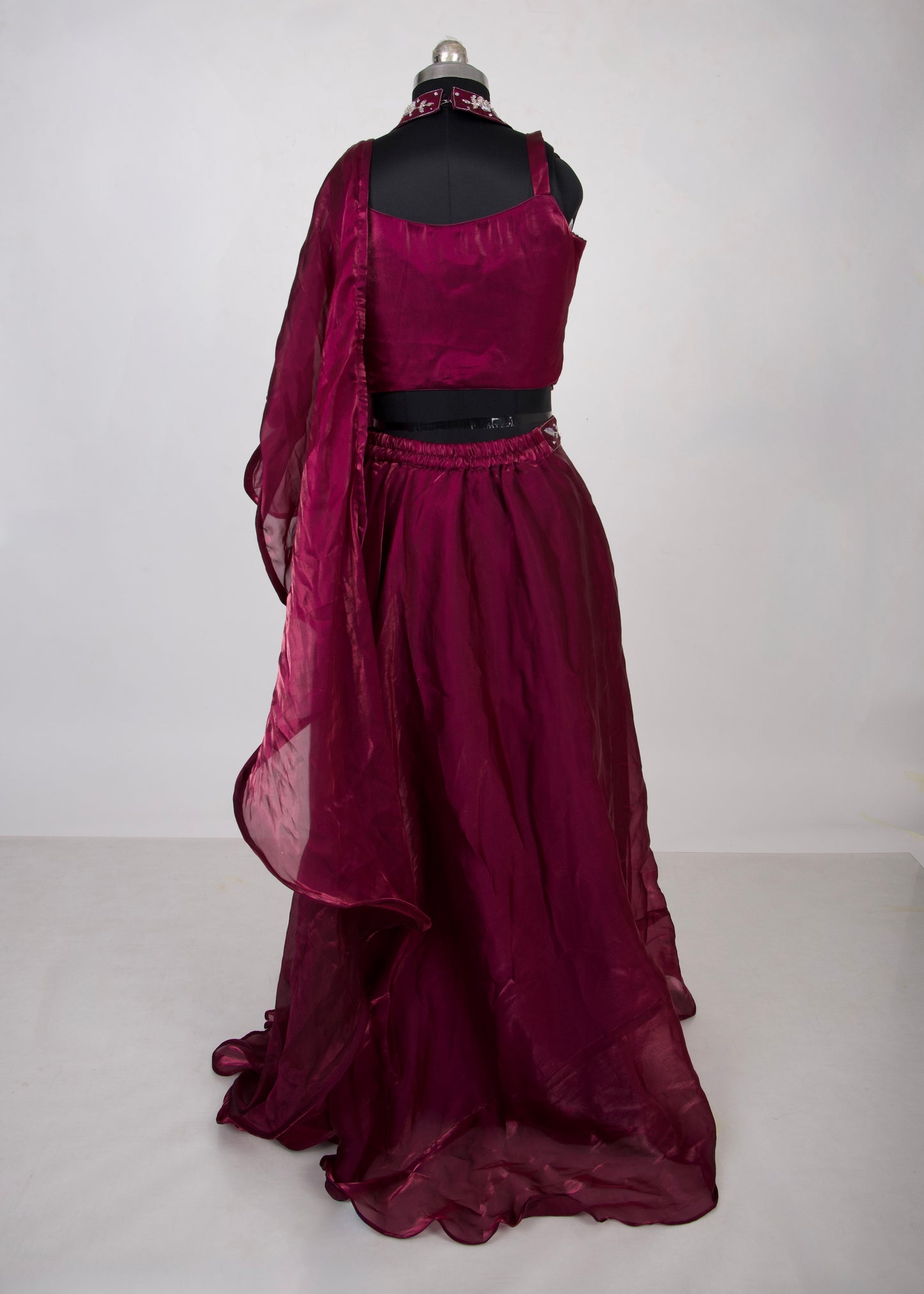 3 Piece Burgundy High Neck Blouse with Handwork Lehenga