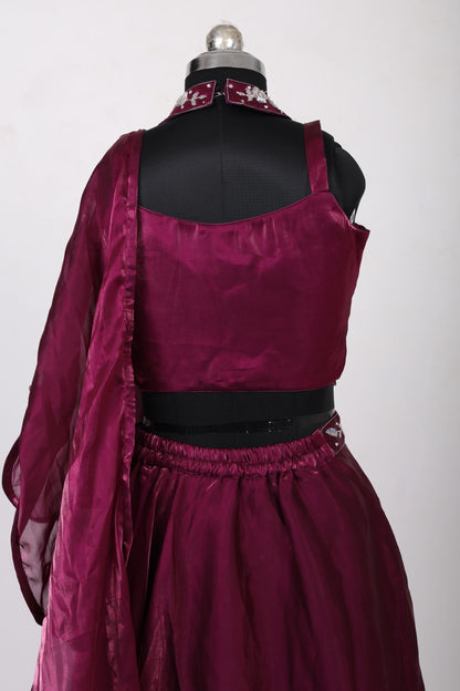 3 Piece Burgundy High Neck Blouse with Handwork Lehenga