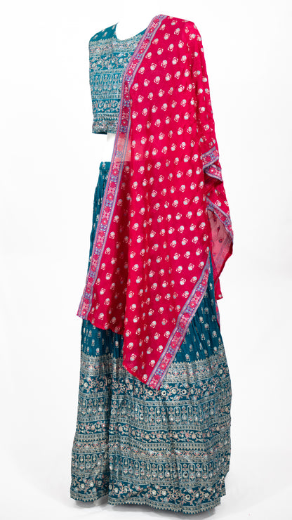 Teal Printed Lehenga Set with Pink Dupatta
