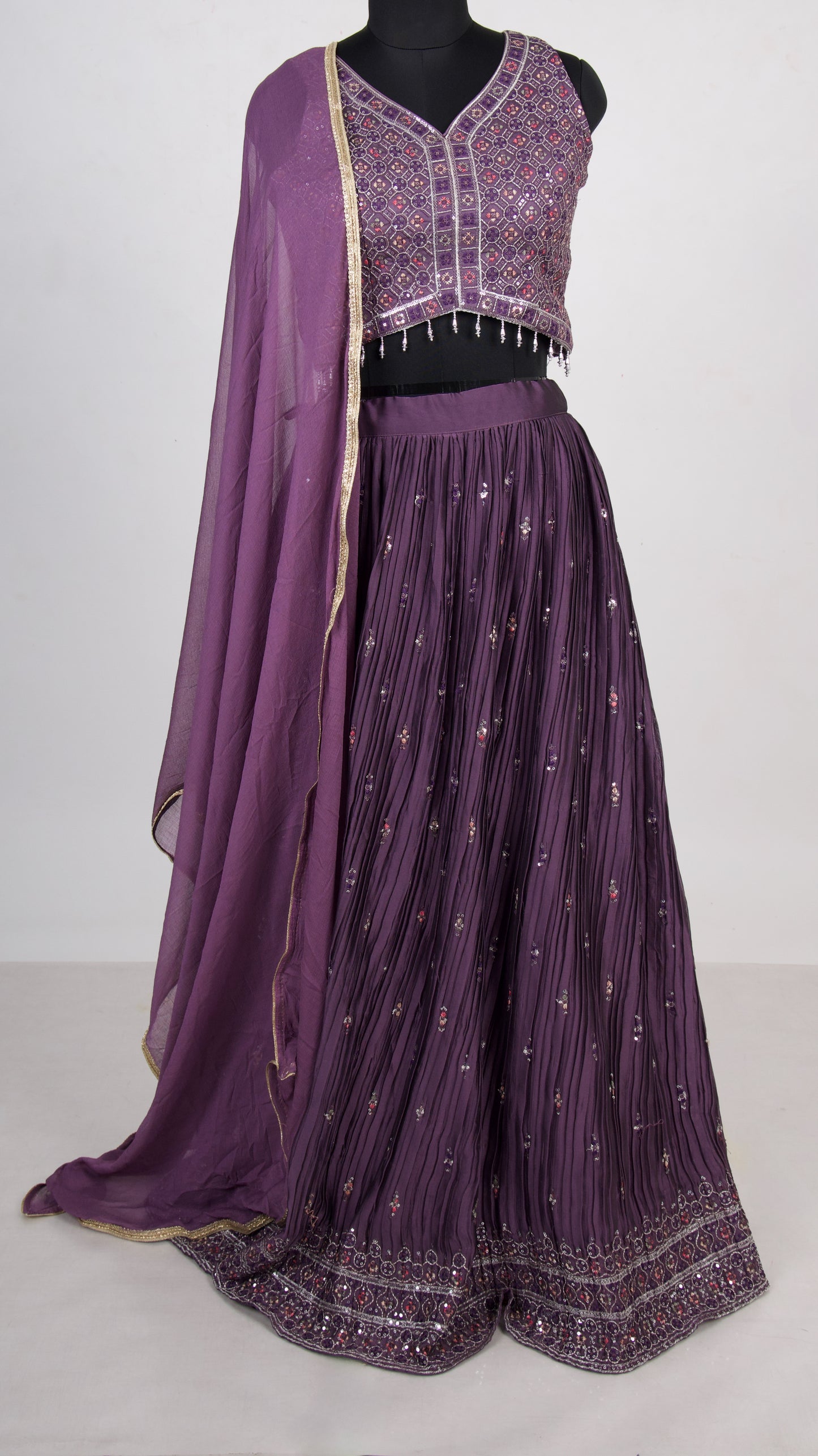 3 Piece Purple Chinon Lehenga