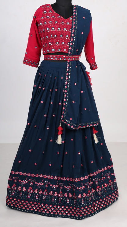 4 Piece Navy Blue and Pink Georgette Panchtanta Lehenga