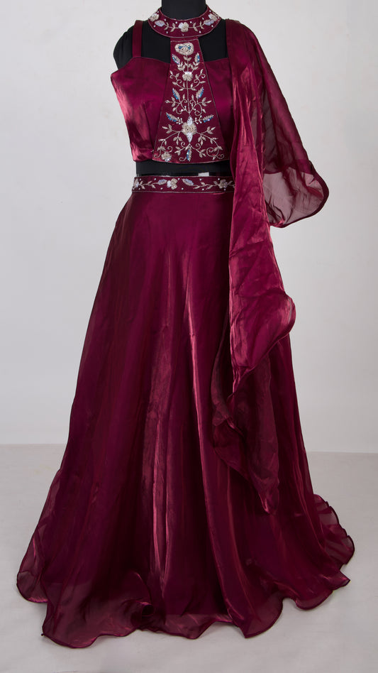 3 Piece Burgundy High Neck Blouse with Handwork Lehenga