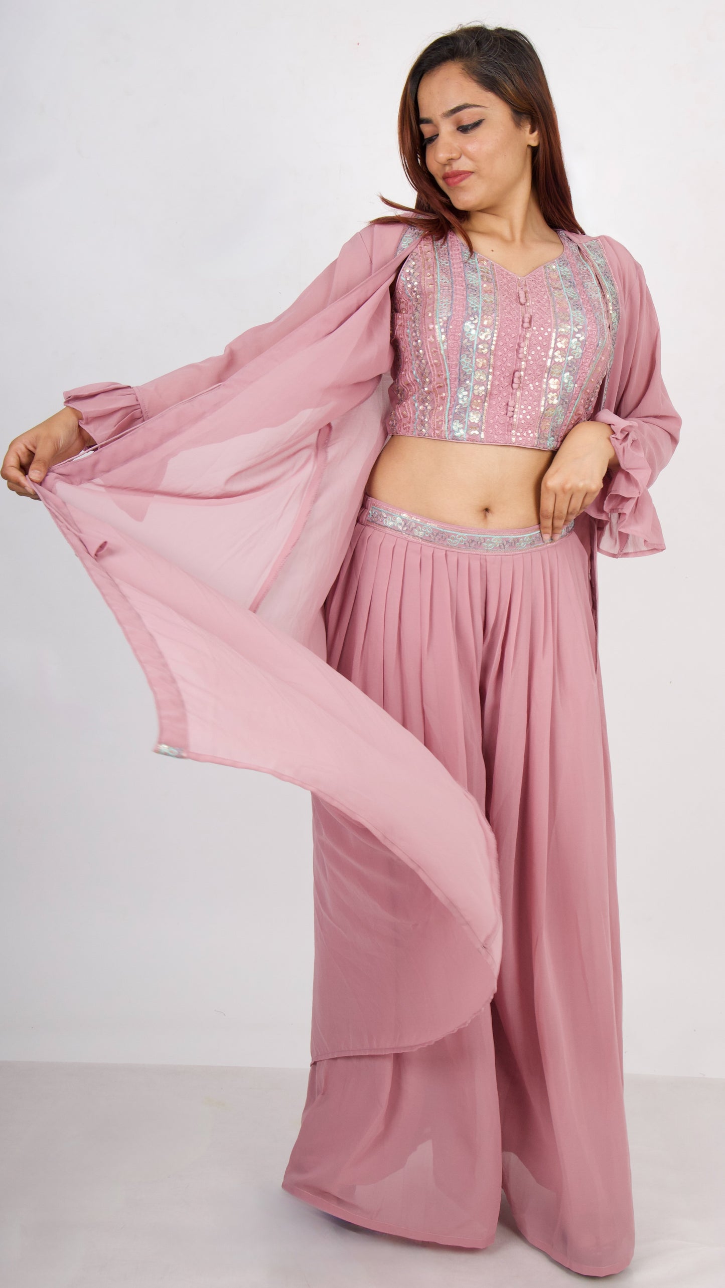 3 Piece Deep Rose Shrug Style Palazzo Set