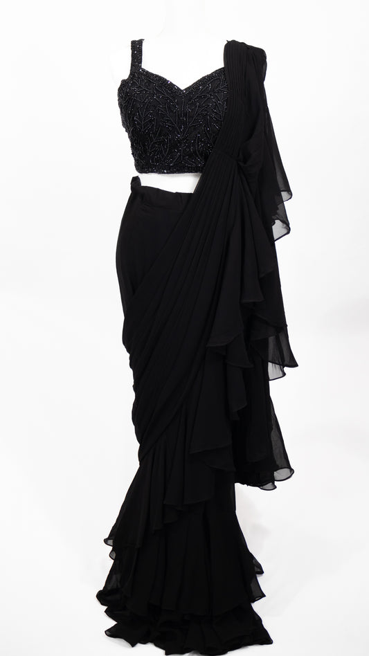 Black Pre-Draped Ruffle Saree
