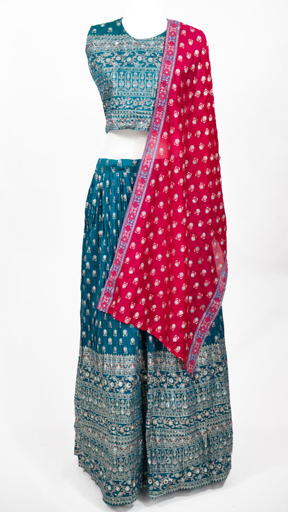 Teal Printed Lehenga Set with Pink Dupatta