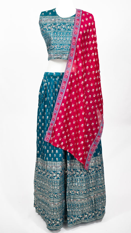Teal Printed Lehenga Set with Pink Dupatta